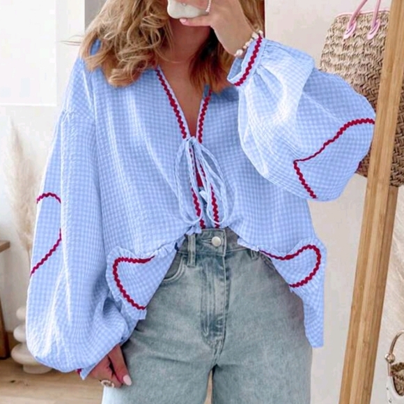 Plaid Tie Front Top Cute Trim Patchwork Shirt Summer Puff Long Sleeve Blouse - Picture 1 of 6